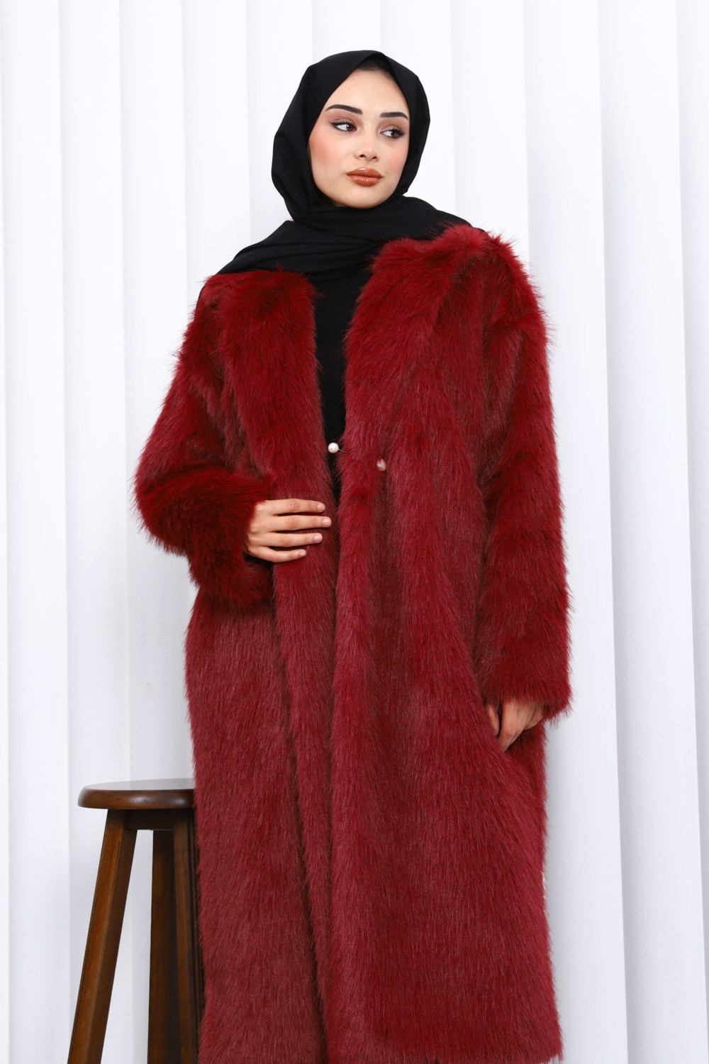 İmaj Butik Bordo Cepli Kürk Kaban görsel 3