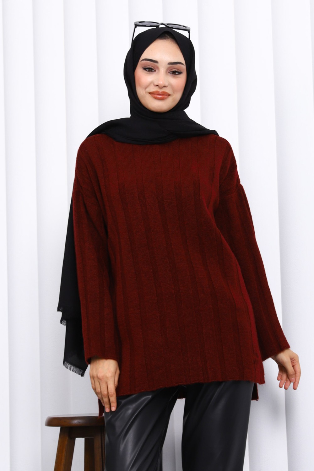 İmaj Butik Bordo Yan Yırtmaçlı Fitilli Triko Tunik görsel 5