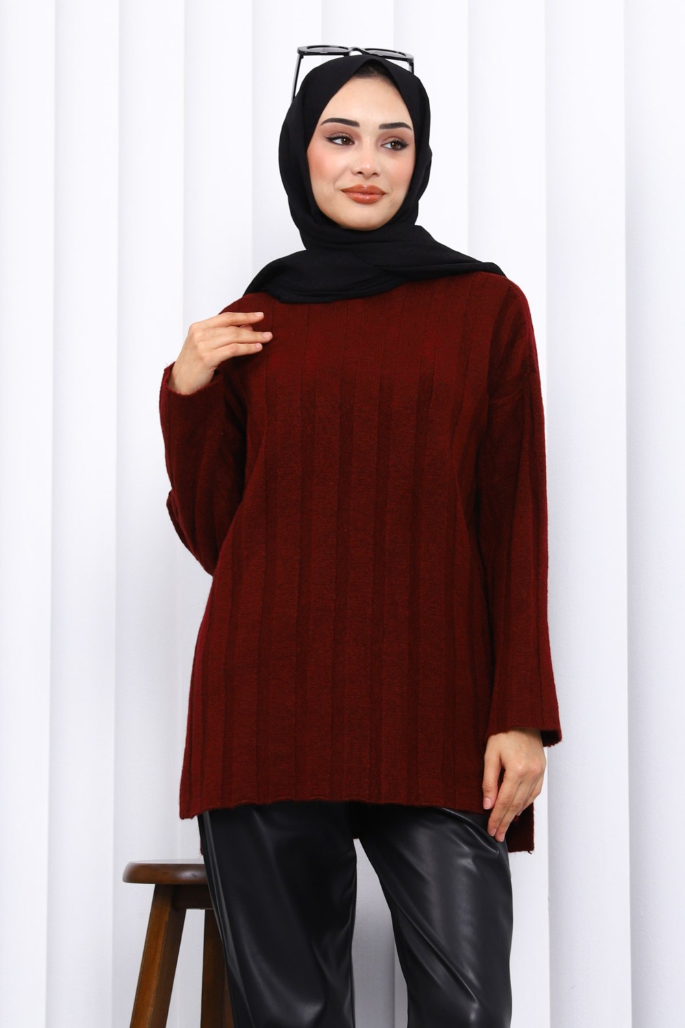 İmaj Butik Bordo Yan Yırtmaçlı Fitilli Triko Tunik görsel 7