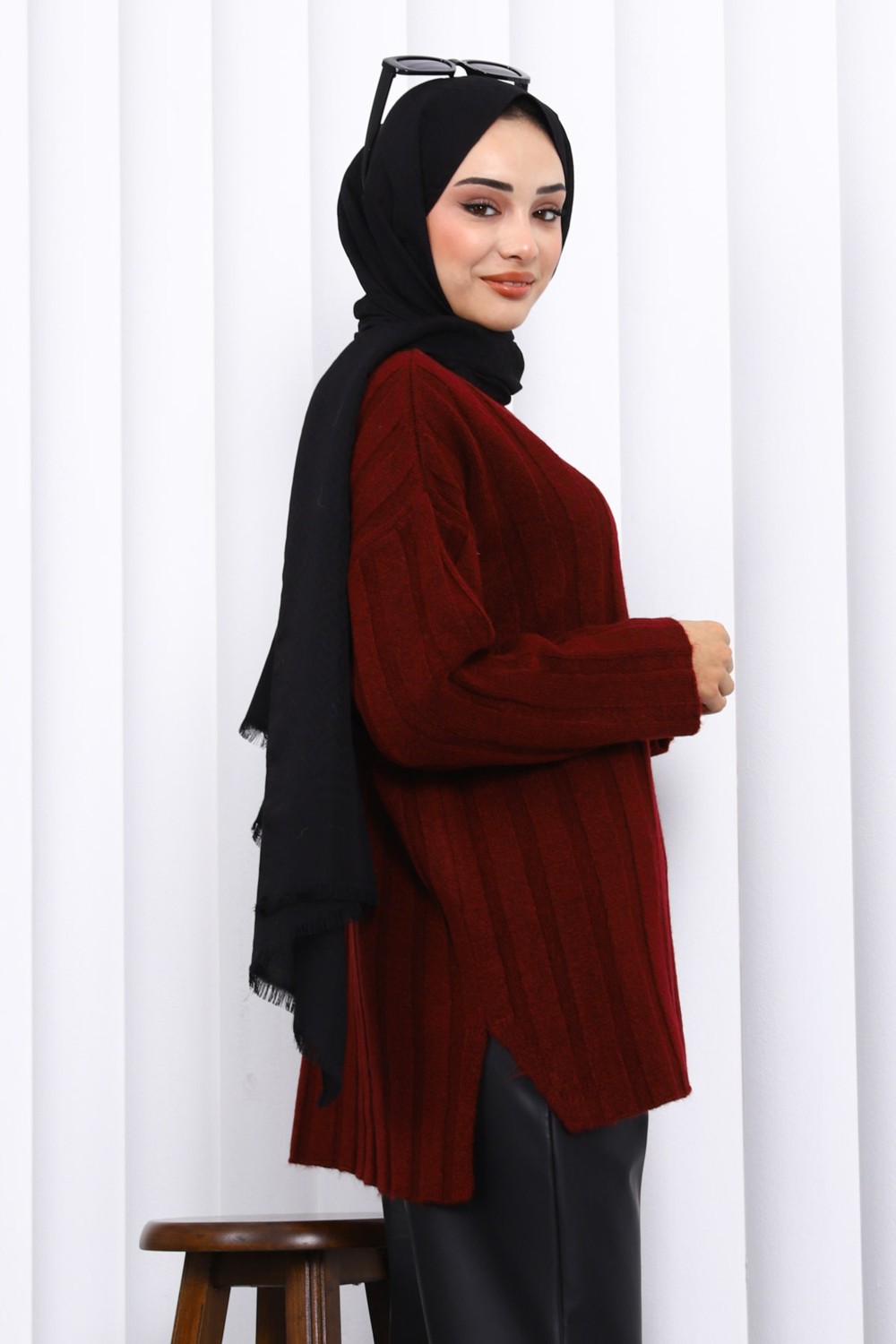 İmaj Butik Bordo Yan Yırtmaçlı Fitilli Triko Tunik görsel 8