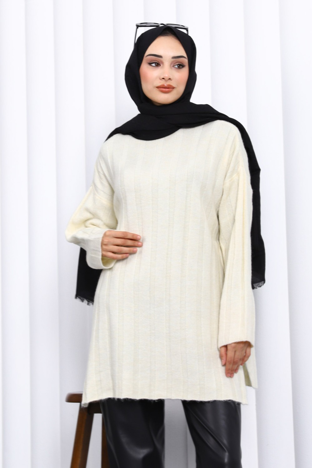 İmaj Butik Bordo Yan Yırtmaçlı Fitilli Triko Tunik