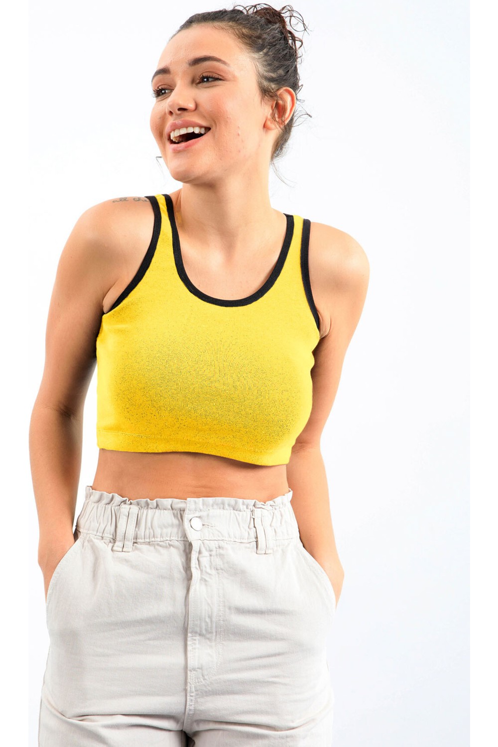 Tommy Life Lacivert Basic Sıfır Kol Dar Kalıp U Yaka Kadın Crop Top Atlet - 97162 görsel 2
