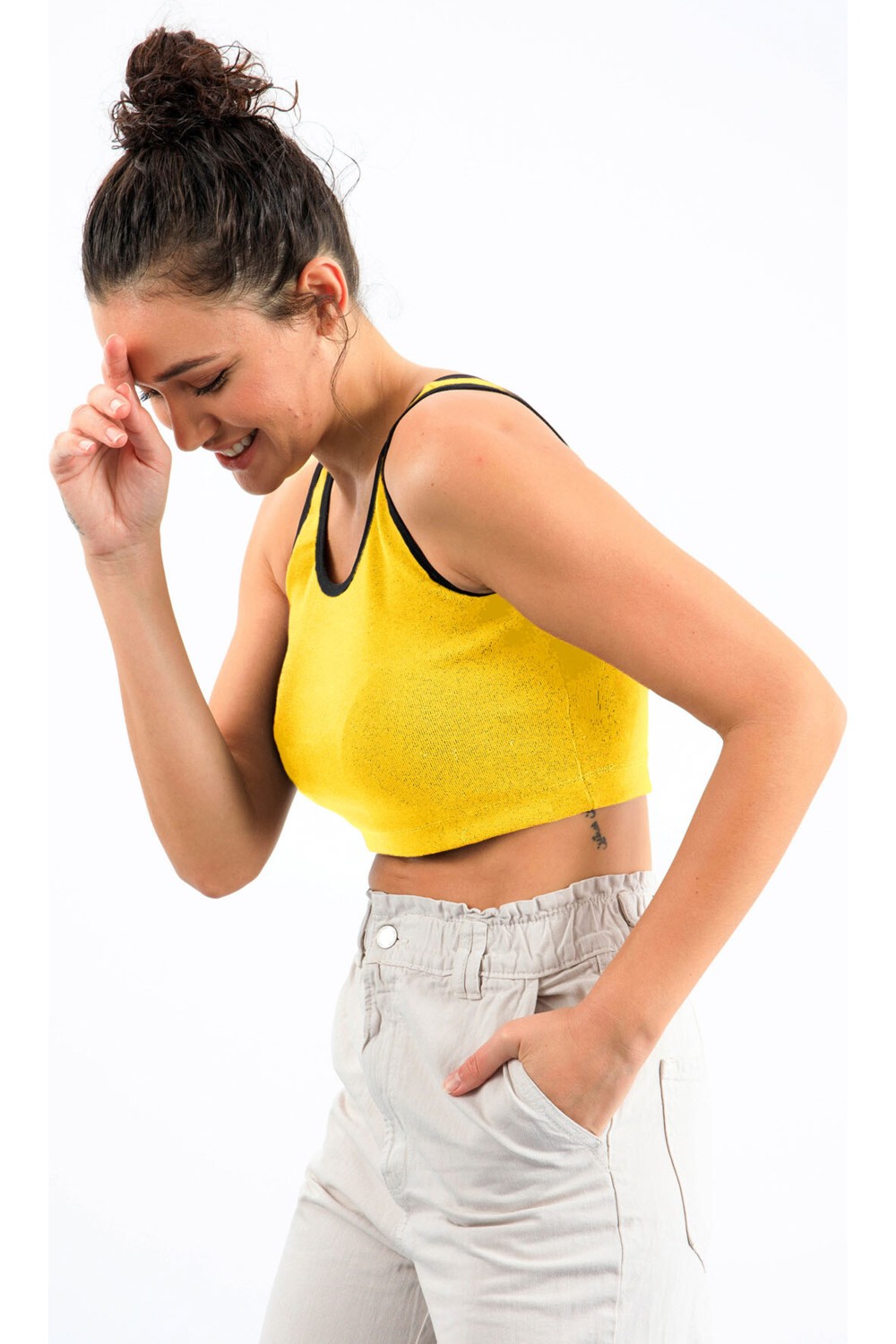 Tommy Life Lacivert Basic Sıfır Kol Dar Kalıp U Yaka Kadın Crop Top Atlet - 97162 görsel 5