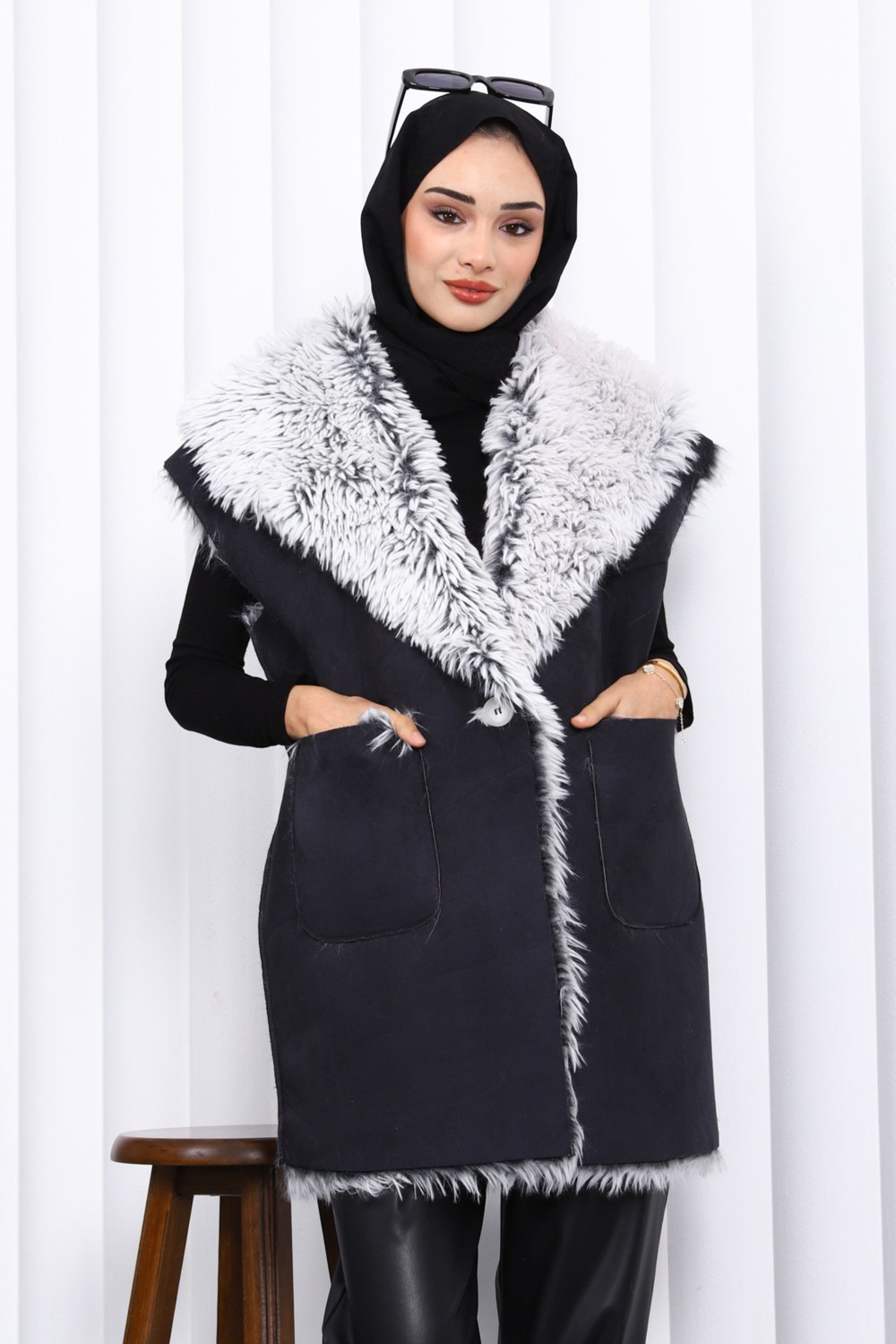 İmaj Butik Vizon Kruvaze Yaka İçi Kürklü Süet Yelek