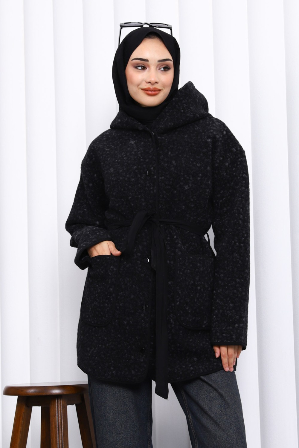 İmaj Butik Vizon Çırçıtlı Kuşaklı Kaşe Ceket görsel 3