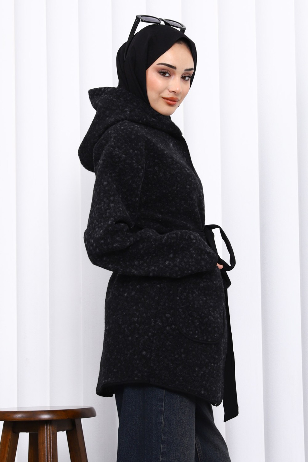 İmaj Butik Vizon Çırçıtlı Kuşaklı Kaşe Ceket görsel 4