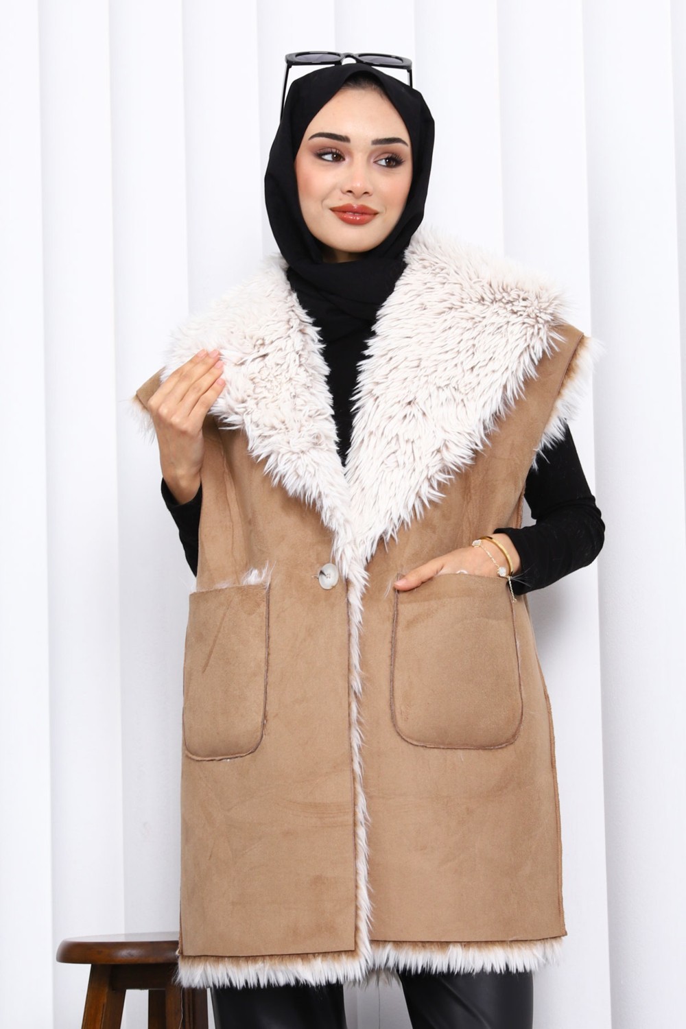 İmaj Butik Vizon Kruvaze Yaka İçi Kürklü Süet Yelek görsel 5