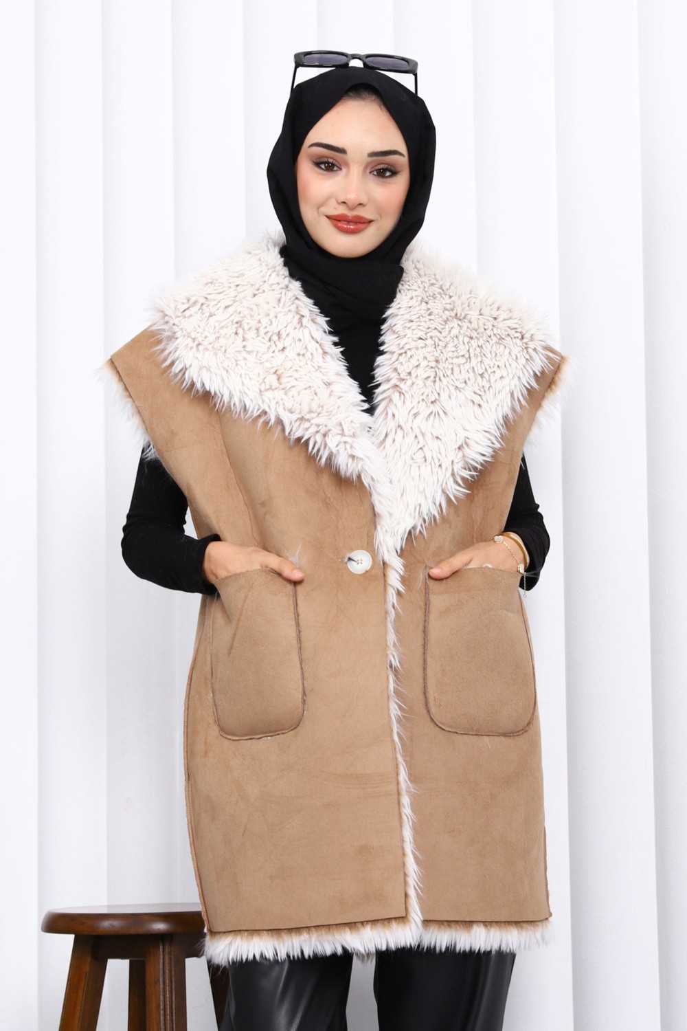 İmaj Butik Vizon Kruvaze Yaka İçi Kürklü Süet Yelek görsel 7