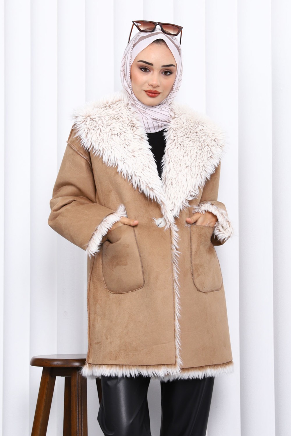 İmaj Butik Vizon Kruvaze Yaka İçi Kürklü Süet Mont görsel 3