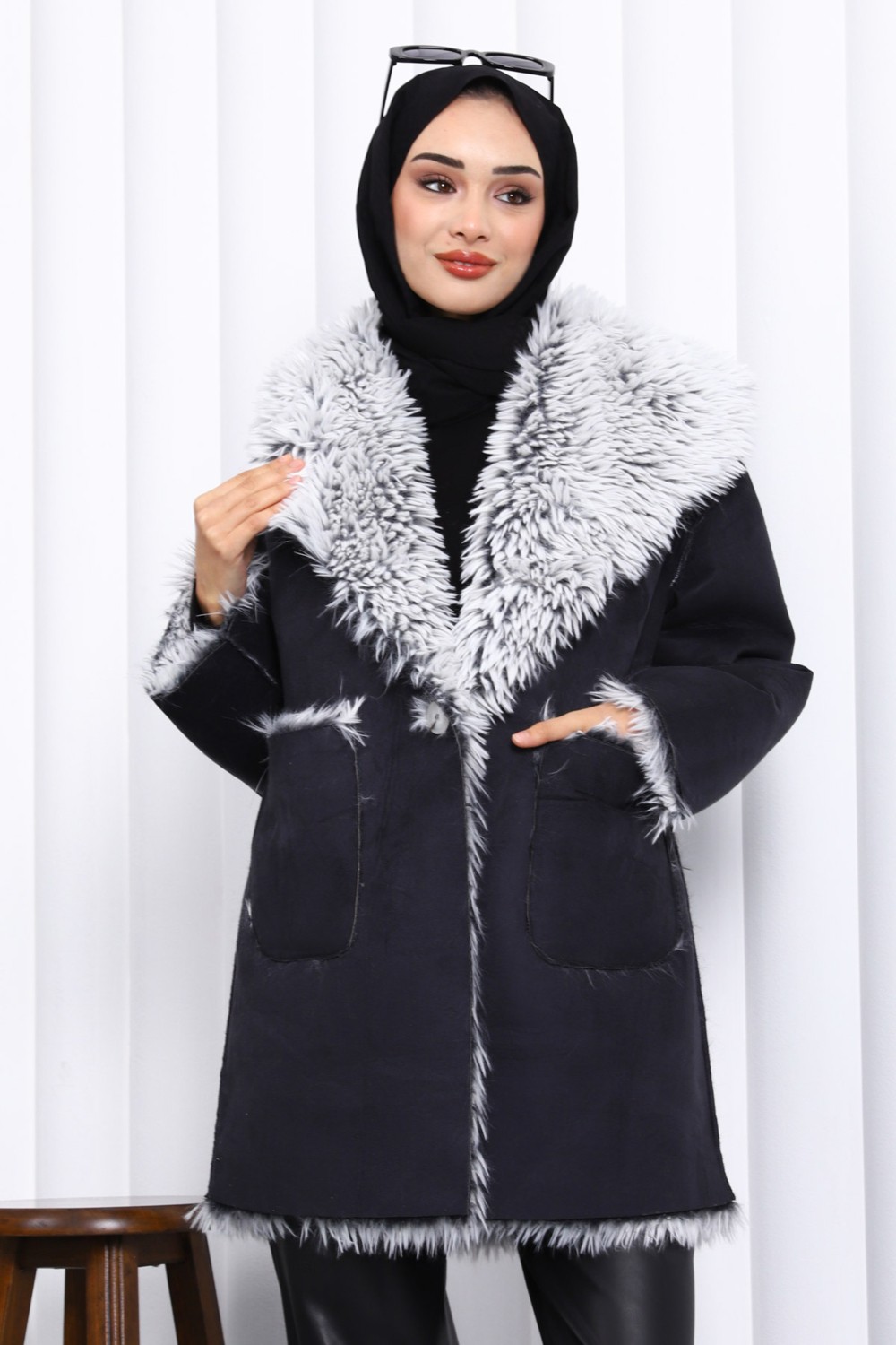 İmaj Butik Vizon Kruvaze Yaka İçi Kürklü Süet Mont görsel 5