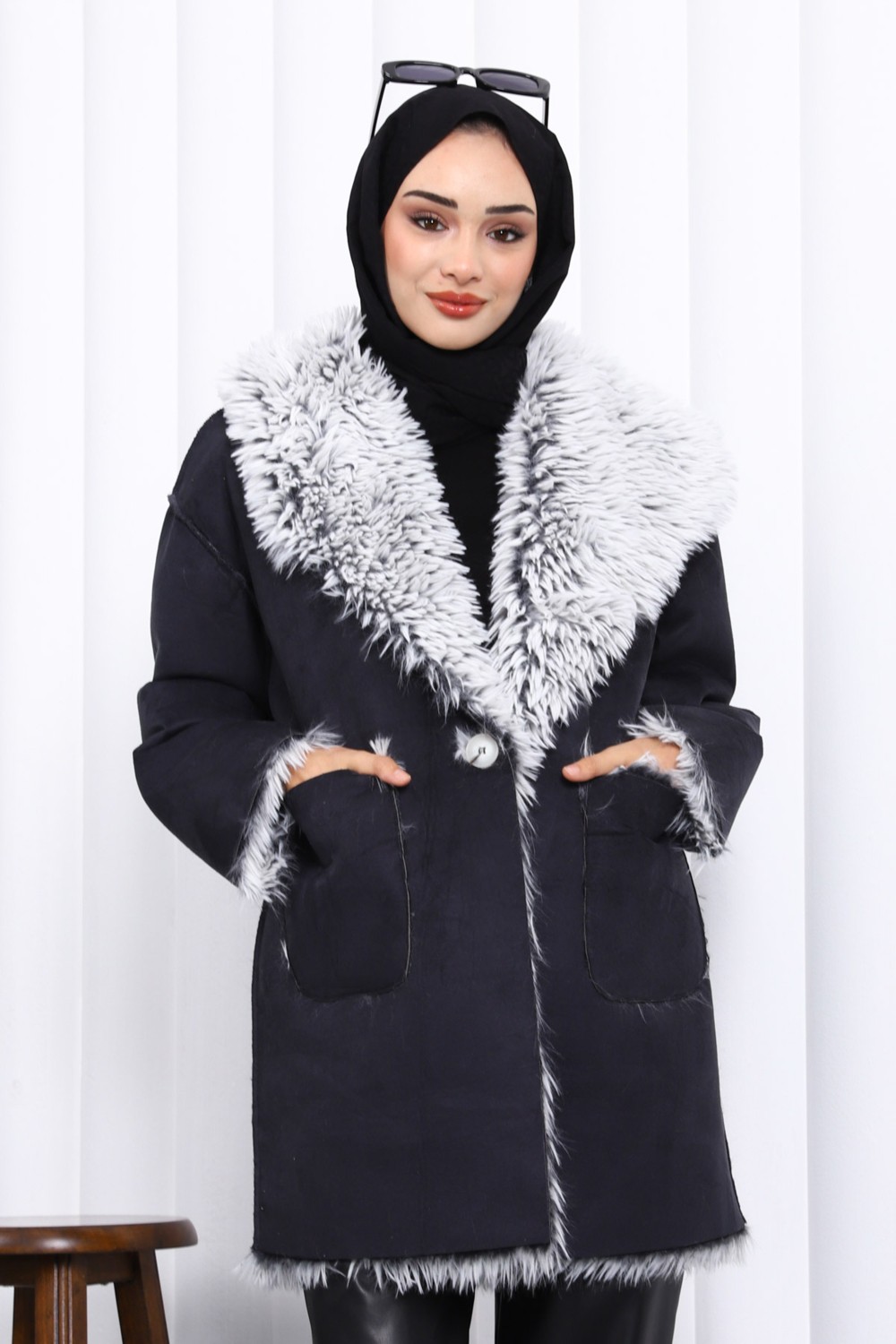 İmaj Butik Vizon Kruvaze Yaka İçi Kürklü Süet Mont görsel 7