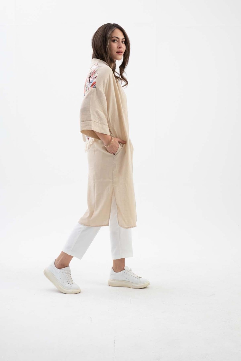 Isawella Arkası Baskılı Püsküllü Kimono - Yeşil görsel 3