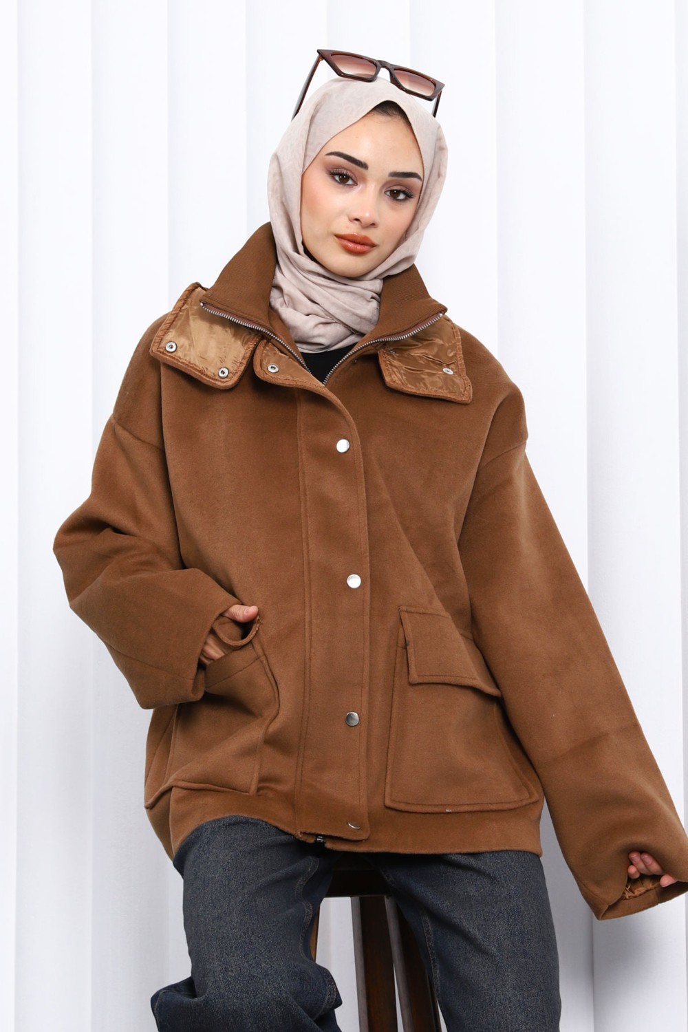 İmaj Butik Siyah Fermuarlı Astarlı Oversize Kaşe Ceket görsel 2