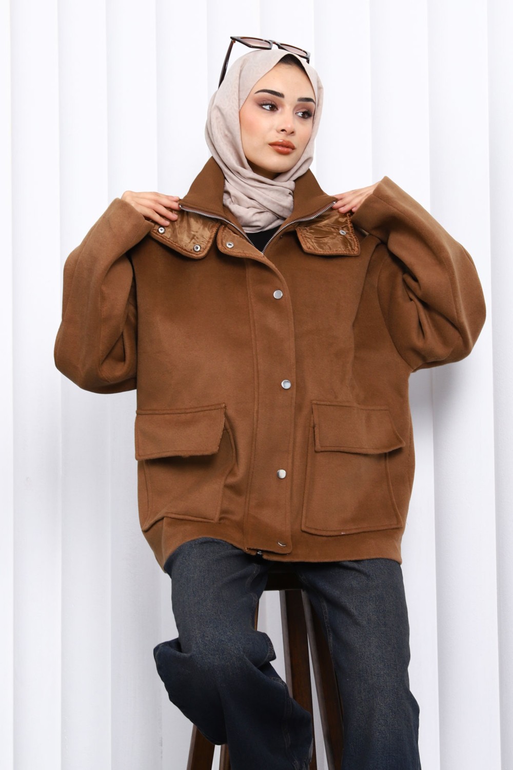 İmaj Butik Siyah Fermuarlı Astarlı Oversize Kaşe Ceket görsel 3