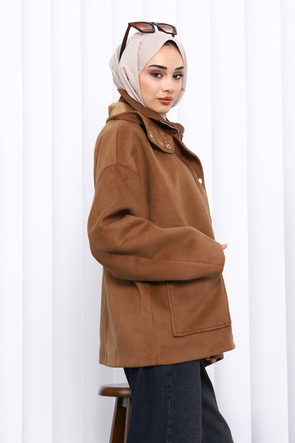İmaj Butik Siyah Fermuarlı Astarlı Oversize Kaşe Ceket görsel 4