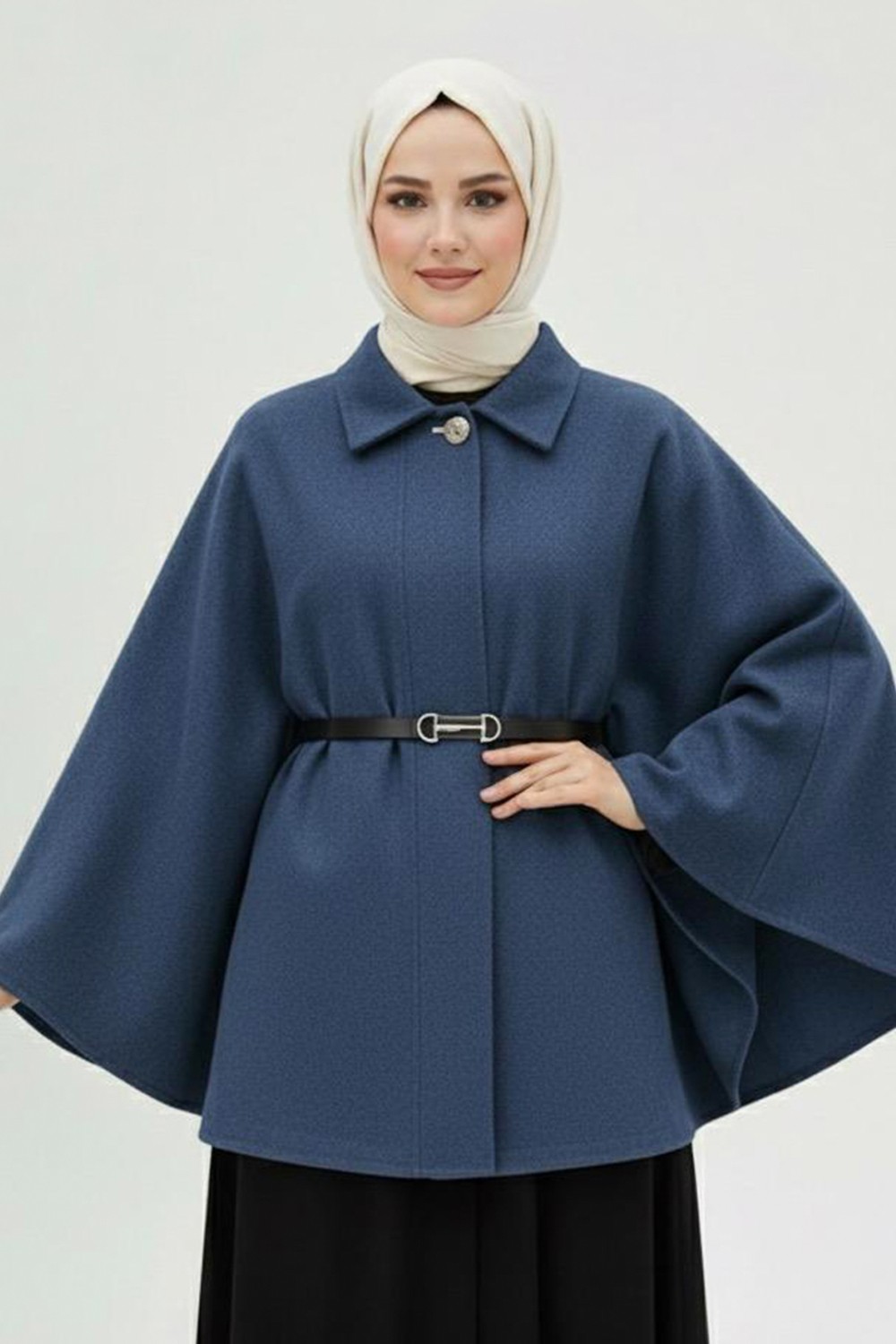 İmaj Butik Kadın Yeşil Kemerli Kaşe Panço Denim Kumaş ile Modern Stil Sunuyor görsel 2