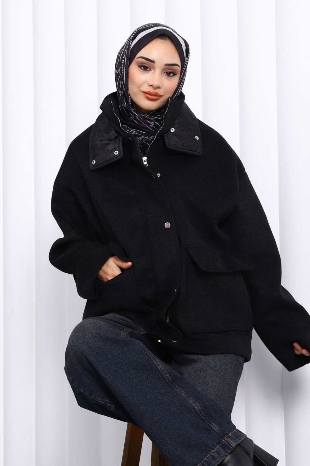 İmaj Butik Siyah Fermuarlı Astarlı Oversize Kaşe Ceket görsel 6