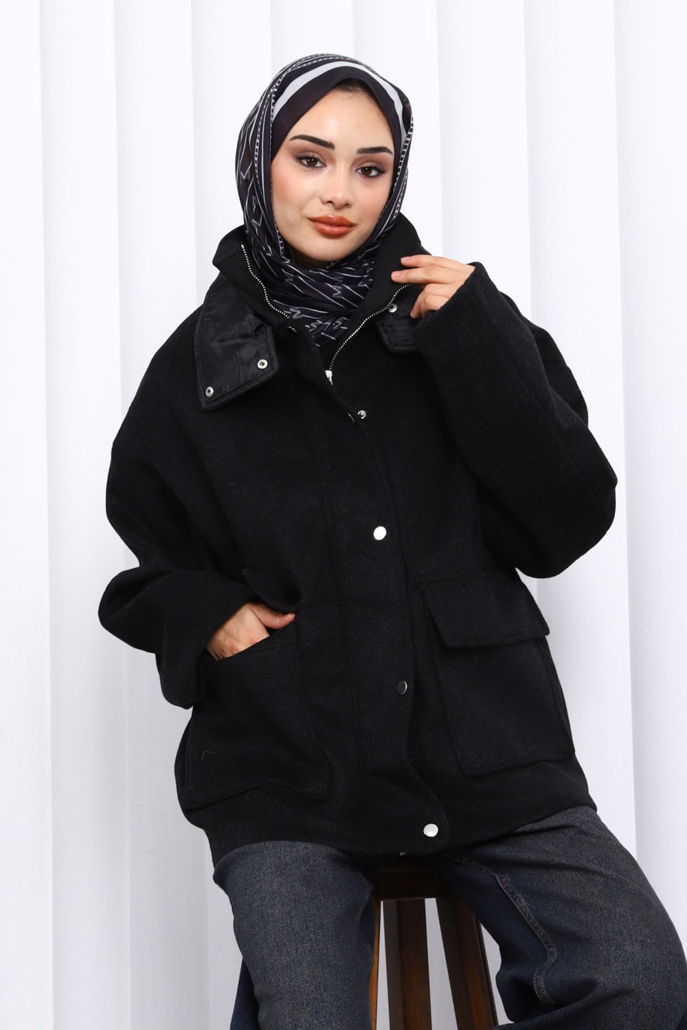 İmaj Butik Siyah Fermuarlı Astarlı Oversize Kaşe Ceket görsel 7