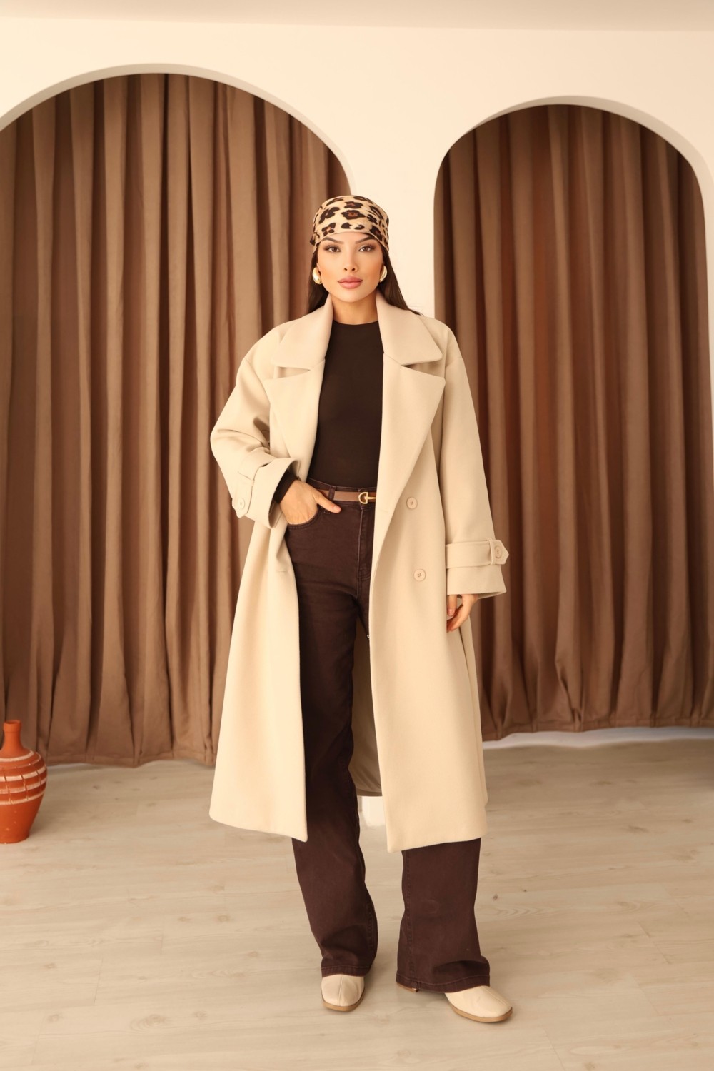 Hazel Kadın Gri Kruvaze Oversize Kuşaklı Uzun Kaşe Kaban