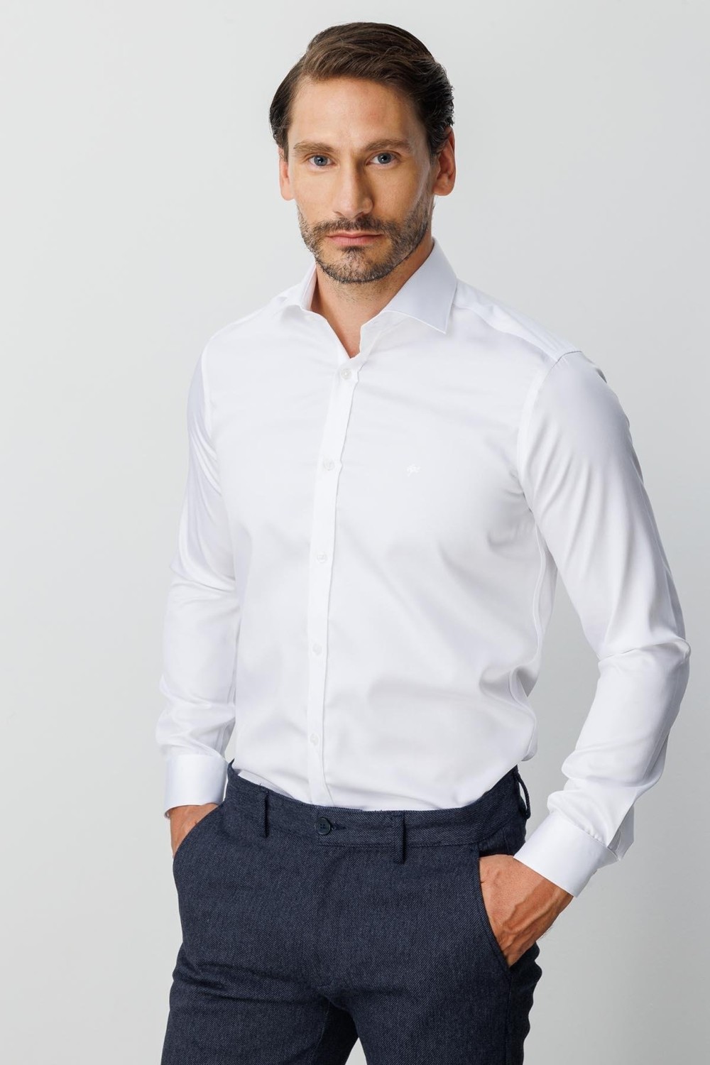 İGS Lacivert Slim Fit Dar Kalıp Klasik Yaka Düz Uzun Kollu Cepsiz %100 Pamuk Non Iron Ütü Istemeyen Gömlek