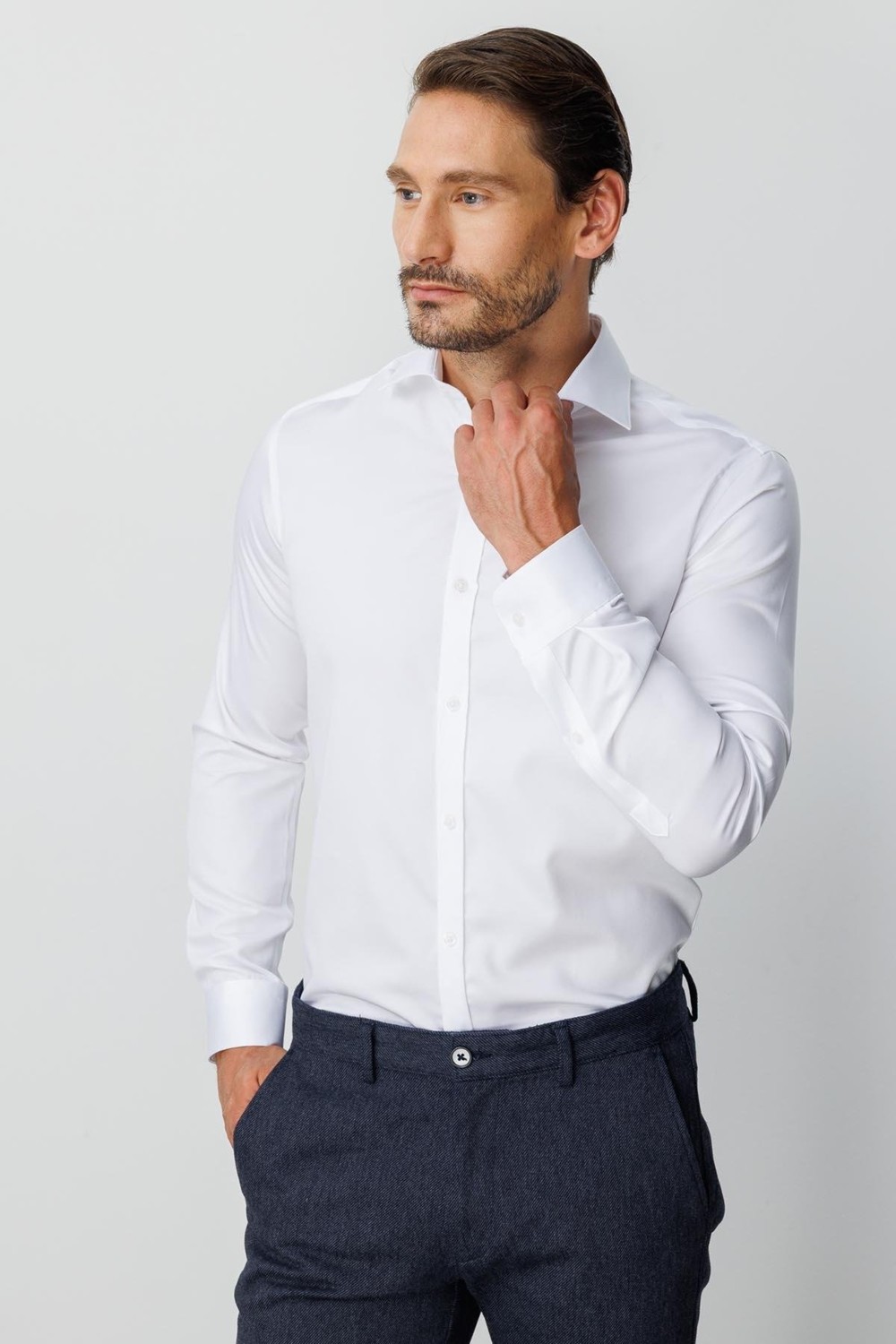 İGS Lacivert Slim Fit Dar Kalıp Klasik Yaka Düz Uzun Kollu Cepsiz %100 Pamuk Non Iron Ütü Istemeyen Gömlek görsel 3