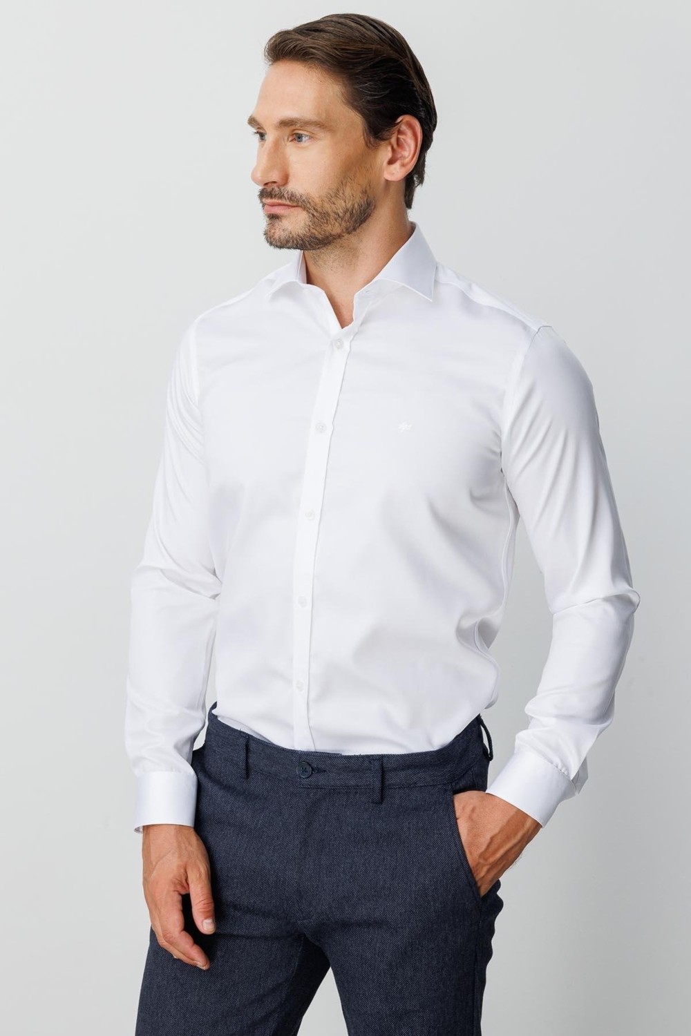 İGS Lacivert Slim Fit Dar Kalıp Klasik Yaka Düz Uzun Kollu Cepsiz %100 Pamuk Non Iron Ütü Istemeyen Gömlek görsel 4