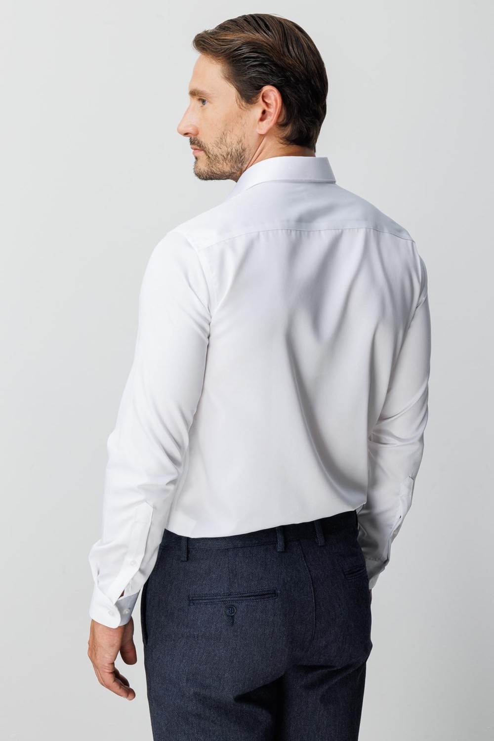 İGS Lacivert Slim Fit Dar Kalıp Klasik Yaka Düz Uzun Kollu Cepsiz %100 Pamuk Non Iron Ütü Istemeyen Gömlek görsel 5