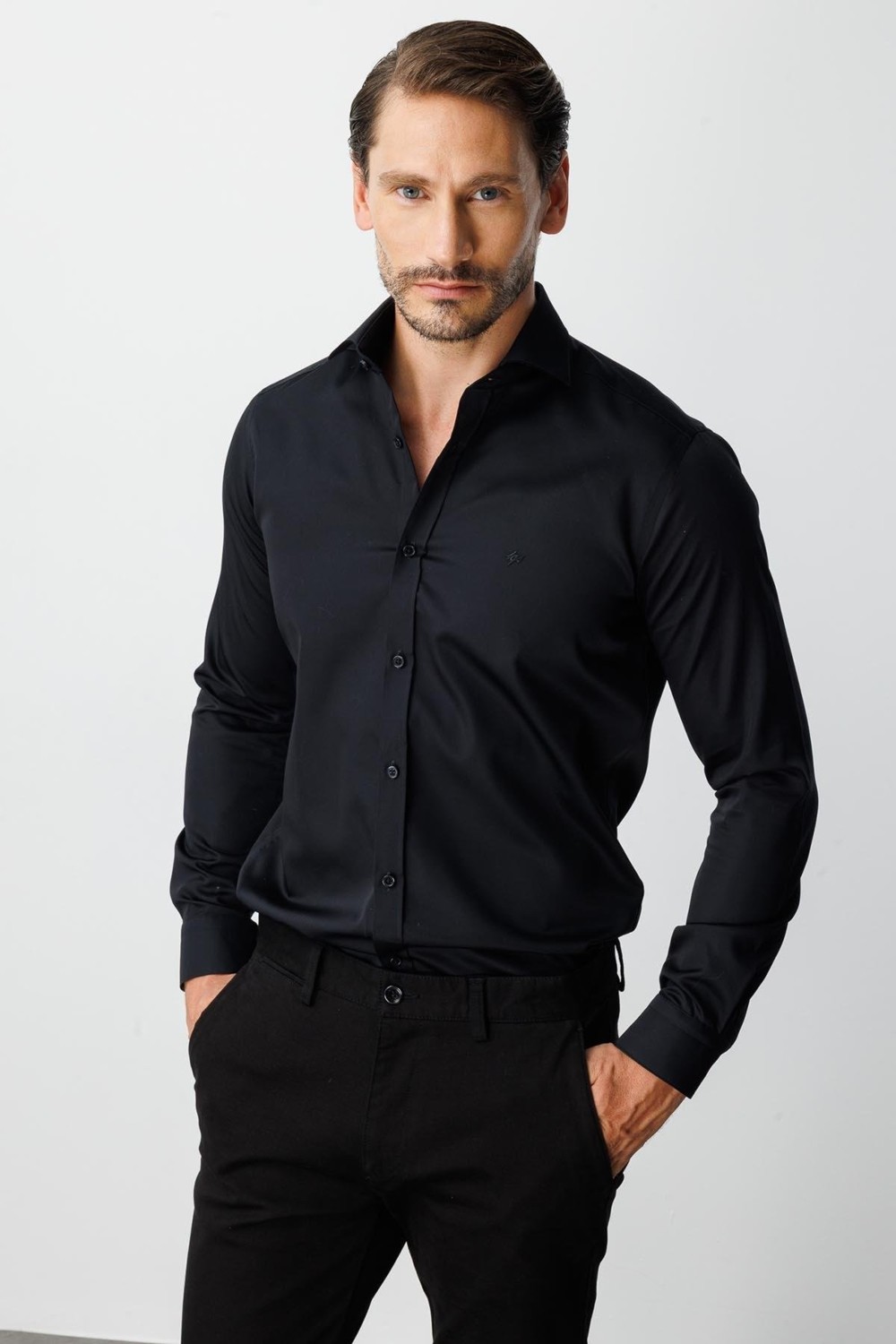 İGS Lacivert Slim Fit Dar Kalıp Klasik Yaka Düz Uzun Kollu Cepsiz %100 Pamuk Non Iron Ütü Istemeyen Gömlek