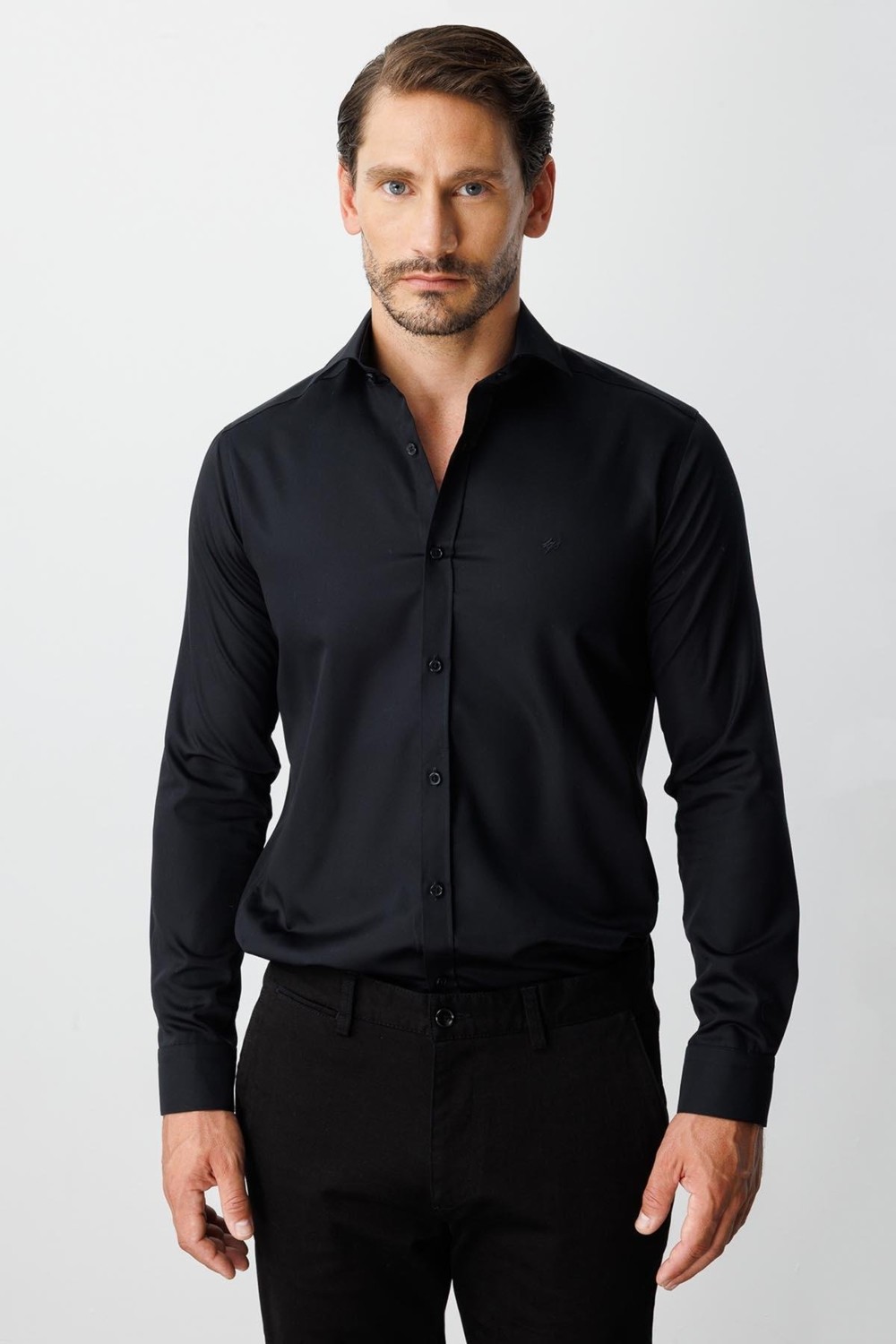 İGS Lacivert Slim Fit Dar Kalıp Klasik Yaka Düz Uzun Kollu Cepsiz %100 Pamuk Non Iron Ütü Istemeyen Gömlek görsel 8