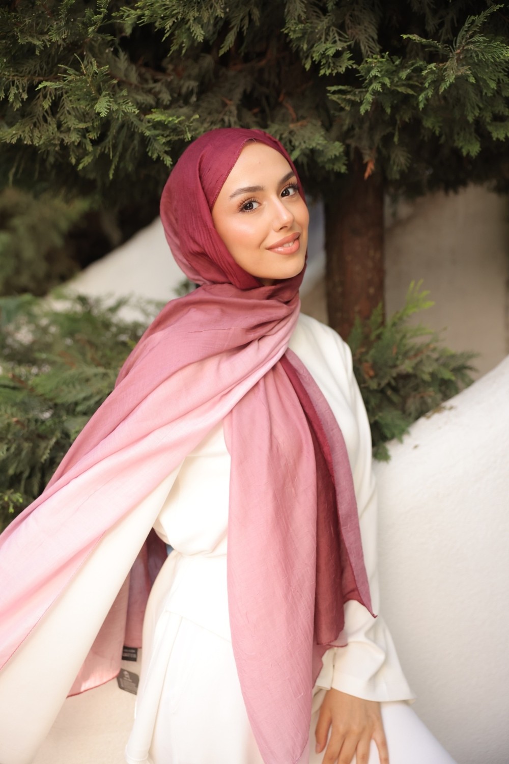 Mira İpek Degrade Iki Renkli Bambu Kraş Şal Tok Duran Kadın Şal Mürdüm Pembe