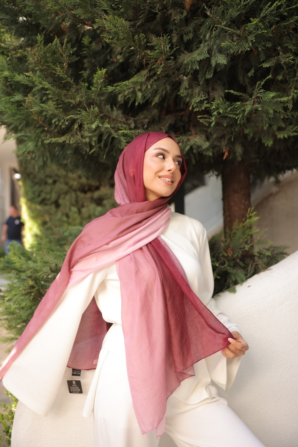 Mira İpek Degrade Iki Renkli Bambu Kraş Şal Tok Duran Kadın Şal Mürdüm Pembe görsel 2