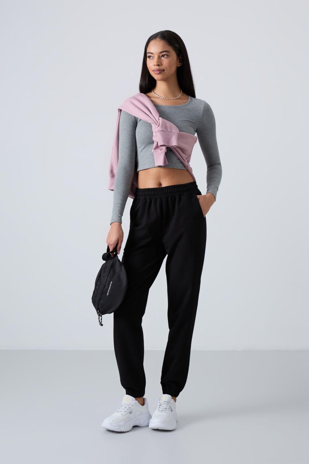 Tommy Life Siyah Cepli Yüksek Bel Rahat Form Lastik Paça Kadın Eşofman Alt - 94583 görsel 8