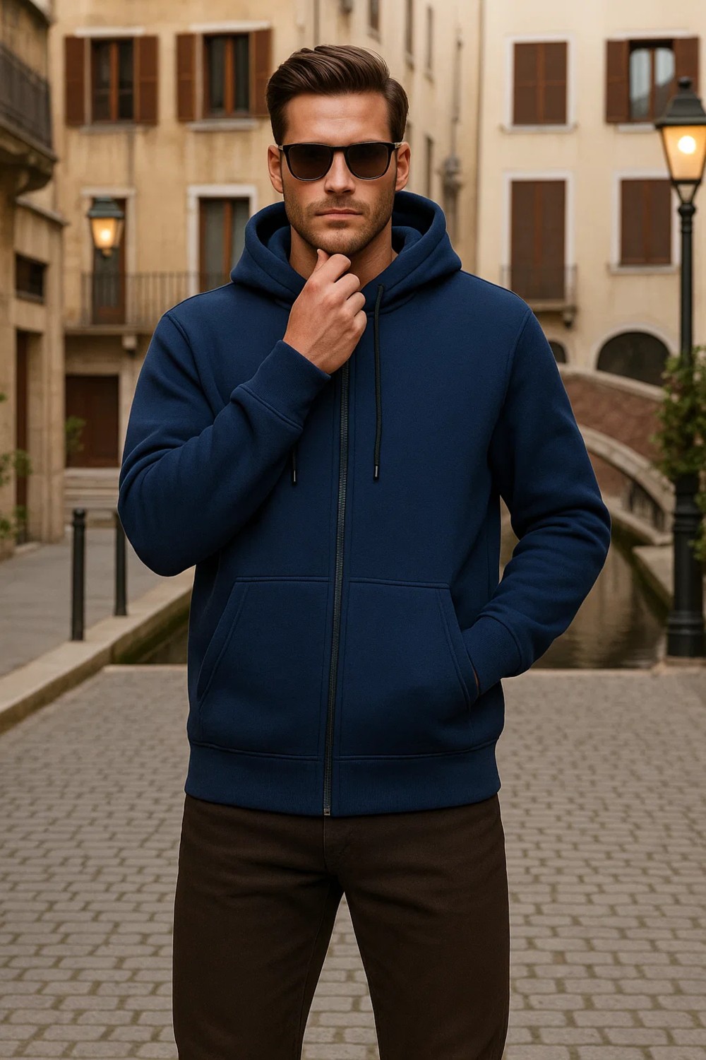 Damga Erkek Kışlık Kapsonlu Mavi Fermuarlı Oversize Sweat