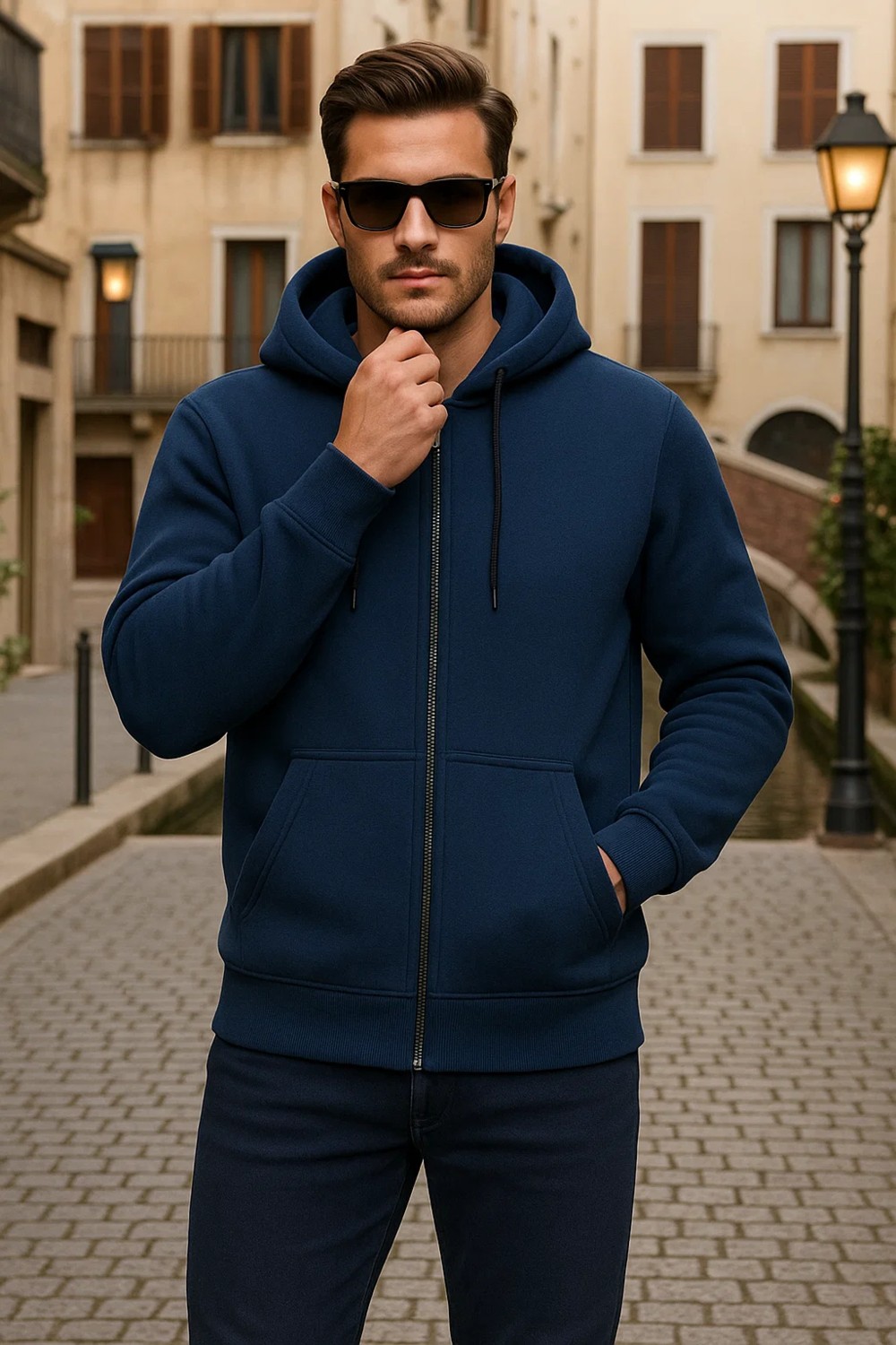 Damga Erkek Kışlık Kapsonlu Mavi Fermuarlı Oversize Sweat görsel 2