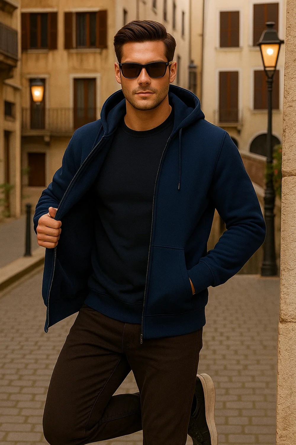 Damga Erkek Kışlık Kapsonlu Mavi Fermuarlı Oversize Sweat görsel 3