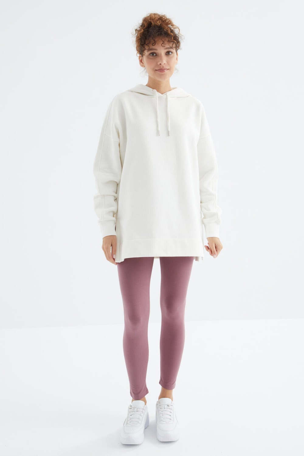 Tommy Life Ekru Reglan Kol Basic Kapüşonlu Oversize Sweatshirt Tunik - 97242 görsel 7