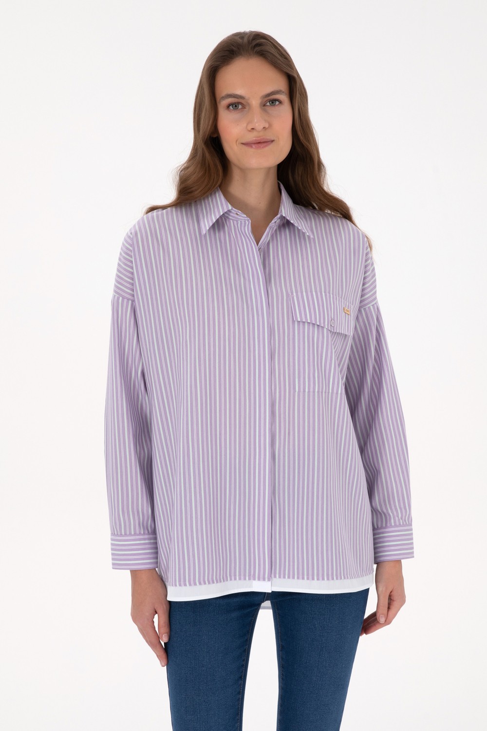 U.S. Polo Assn. Kadın Bordo Çizgili Uzun Kollu Gömlek 50316369-VR177 görsel 8