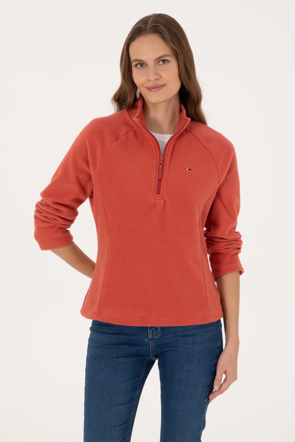 U.S. Polo Assn. Kadın Kiremit Fermuarlı Dik Yaka Polar Sweatshirt 50316714-VR026 görsel 3