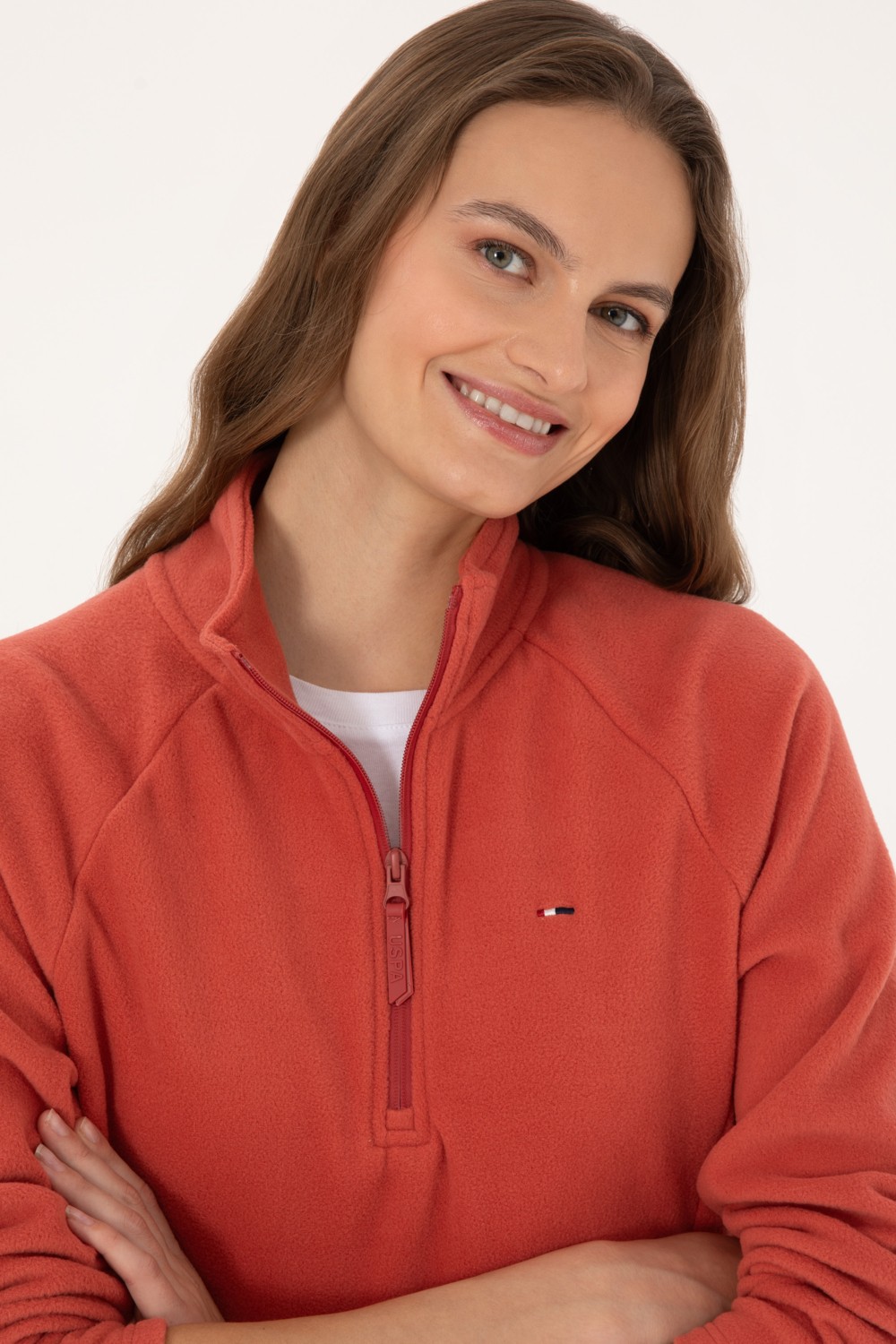 U.S. Polo Assn. Kadın Kiremit Fermuarlı Dik Yaka Polar Sweatshirt 50316714-VR026 görsel 4