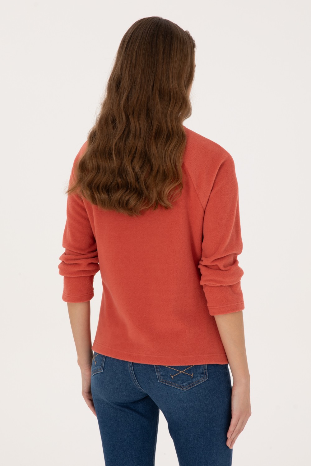 U.S. Polo Assn. Kadın Kiremit Fermuarlı Dik Yaka Polar Sweatshirt 50316714-VR026 görsel 5