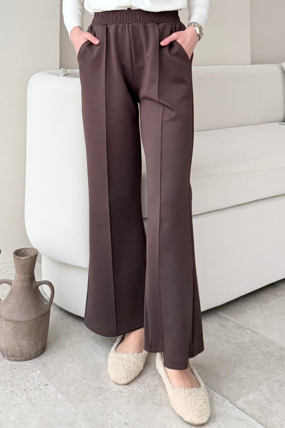 Tesettür Diyarı Çimalı Beli Lastikli Scuba Kumaş Tesettür Pantolon- Çağla Yeşili görsel 6