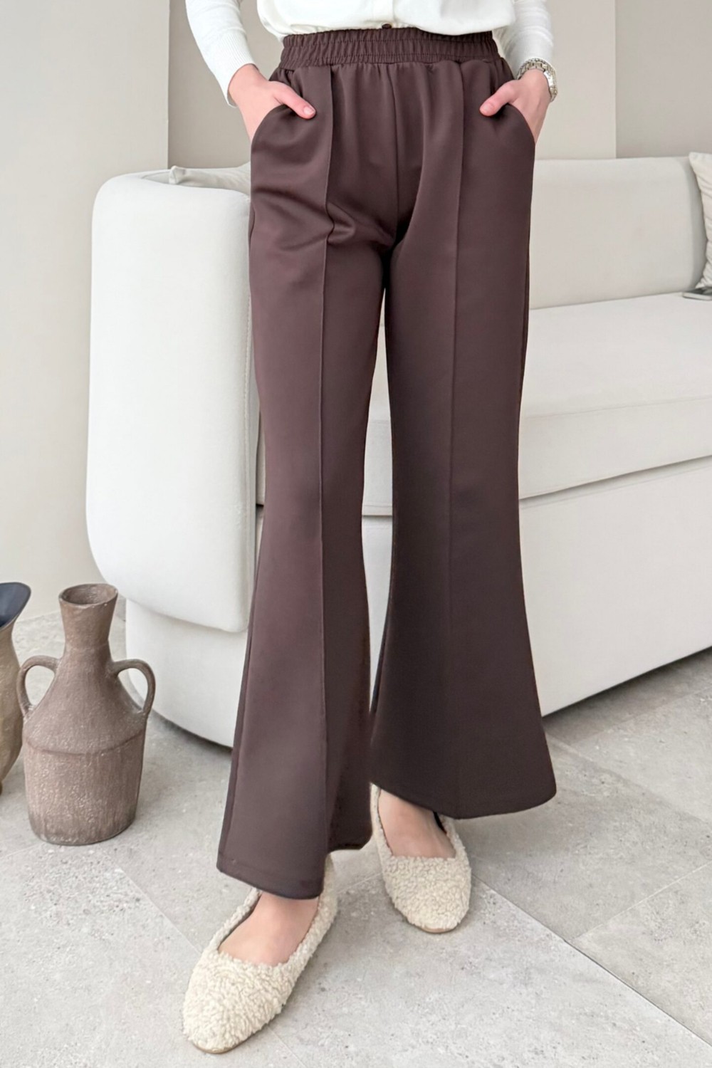 Tesettür Diyarı Çimalı Beli Lastikli Scuba Kumaş Tesettür Pantolon- Çağla Yeşili görsel 7