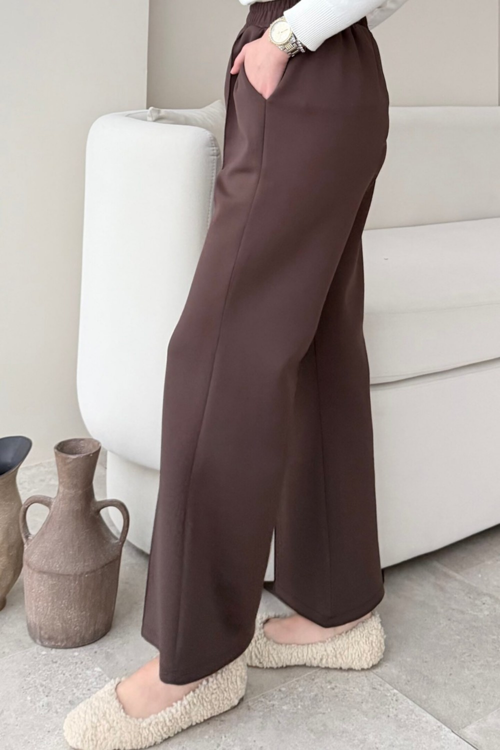 Tesettür Diyarı Çimalı Beli Lastikli Scuba Kumaş Tesettür Pantolon- Çağla Yeşili görsel 8
