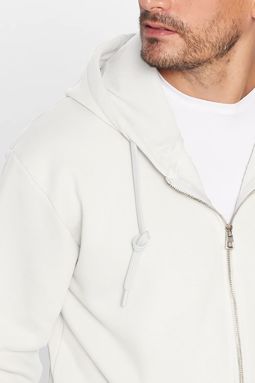 Tudors Unisex Relax Fit Rahat Kesim Pamuklu İçi Polarlı Çift Cepli Fermuarlı Beyaz Kapüşonlu Sweatshirt görsel 3