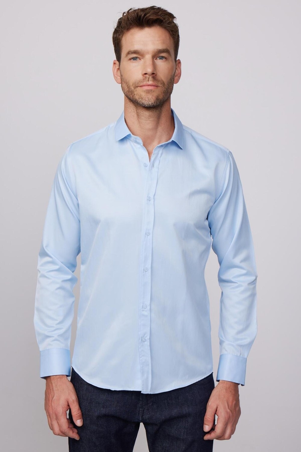 Tudors Modern Slim Fit Uzun Kollu Düz Saten Pamuklu Erkek Siyah Gömlek görsel 2