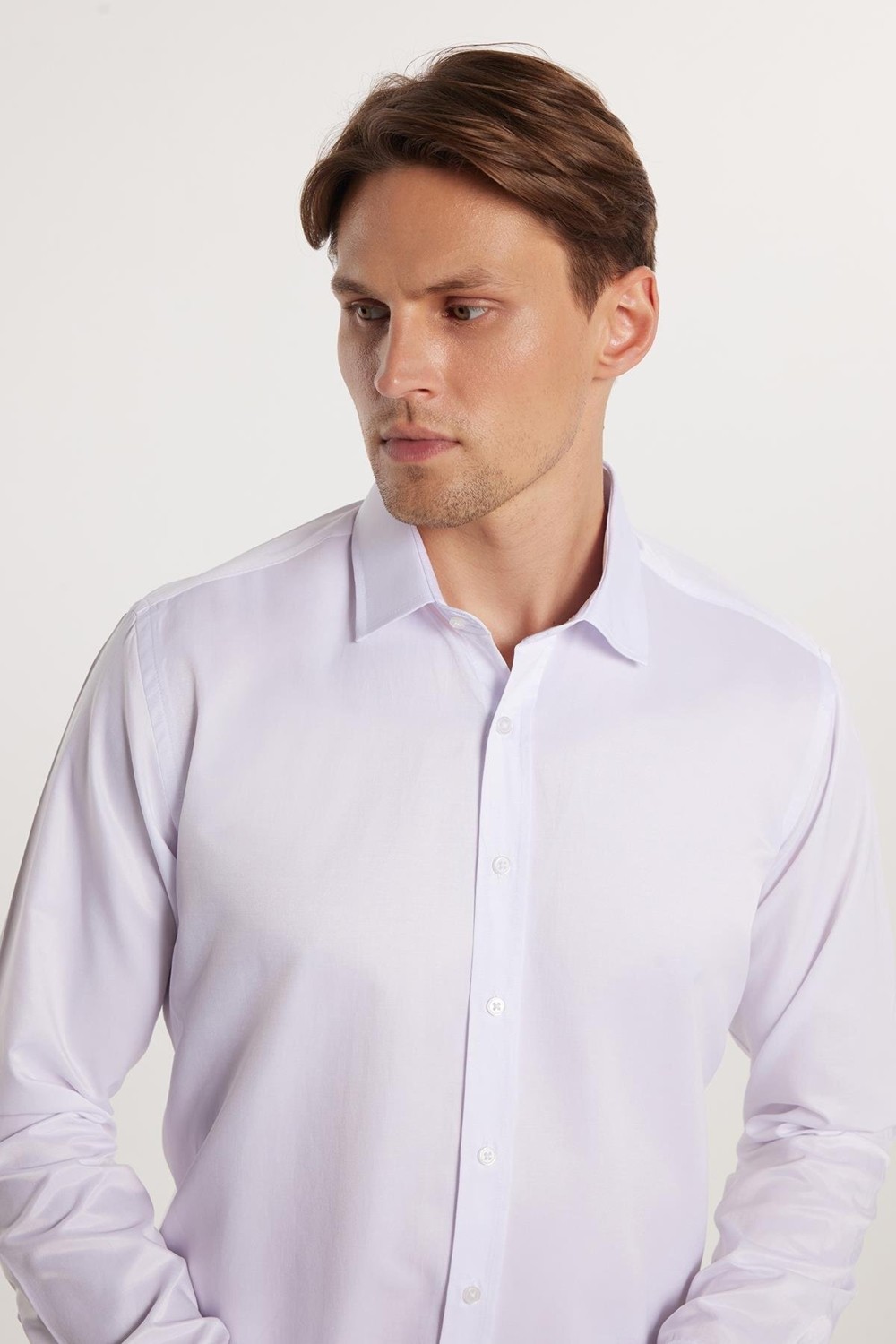 Tudors Erkek Modern Slim Fit Düz Saten Pamuklu Beyaz Gömlek görsel 4