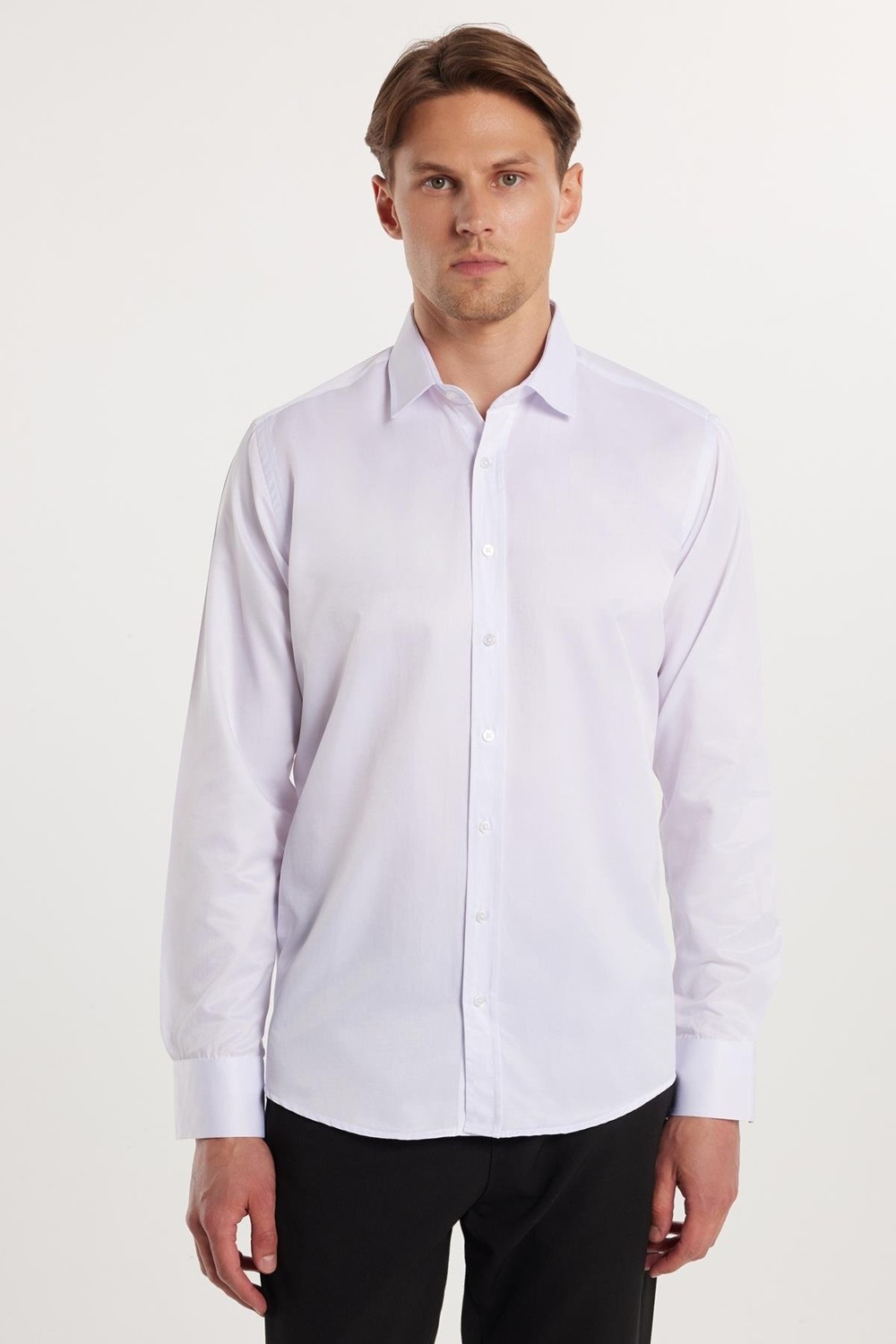 Tudors Erkek Modern Slim Fit Düz Saten Pamuklu Beyaz Gömlek görsel 5
