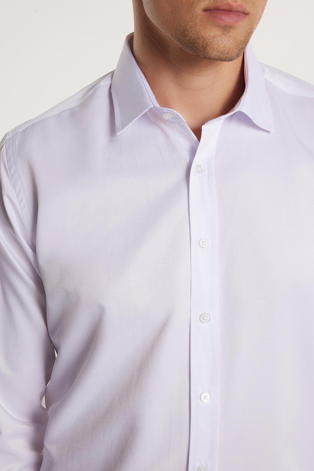 Tudors Erkek Modern Slim Fit Düz Saten Pamuklu Beyaz Gömlek görsel 6