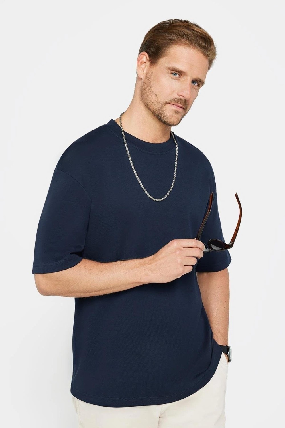 Tudors Unisex 3'lü Paket Lacivert-Beyaz-Siyah Oversize Geniş Kesim %100 Pamuk Basic Bisiklet Yaka Tişört görsel 2