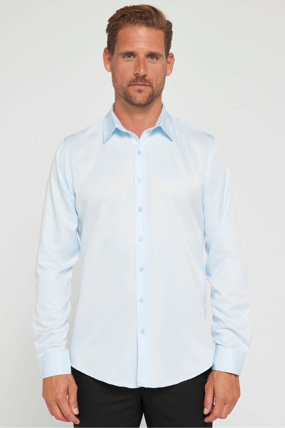 Tudors Slim Fit Uzun Kollu Kolay Ütü Teri Emen Nefes Alan Doku Kravatlık Dört Mevsim Mavi Erkek Gömlek görsel 2
